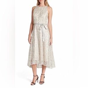 Tahari ASL Floral Embroidered Lace High Low Hem Party Midi Dress in Taupe